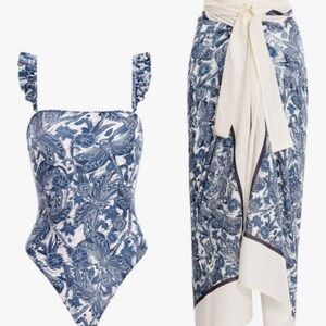 NWOT- Blue/White print 1 pc swim suit w/marching sarong